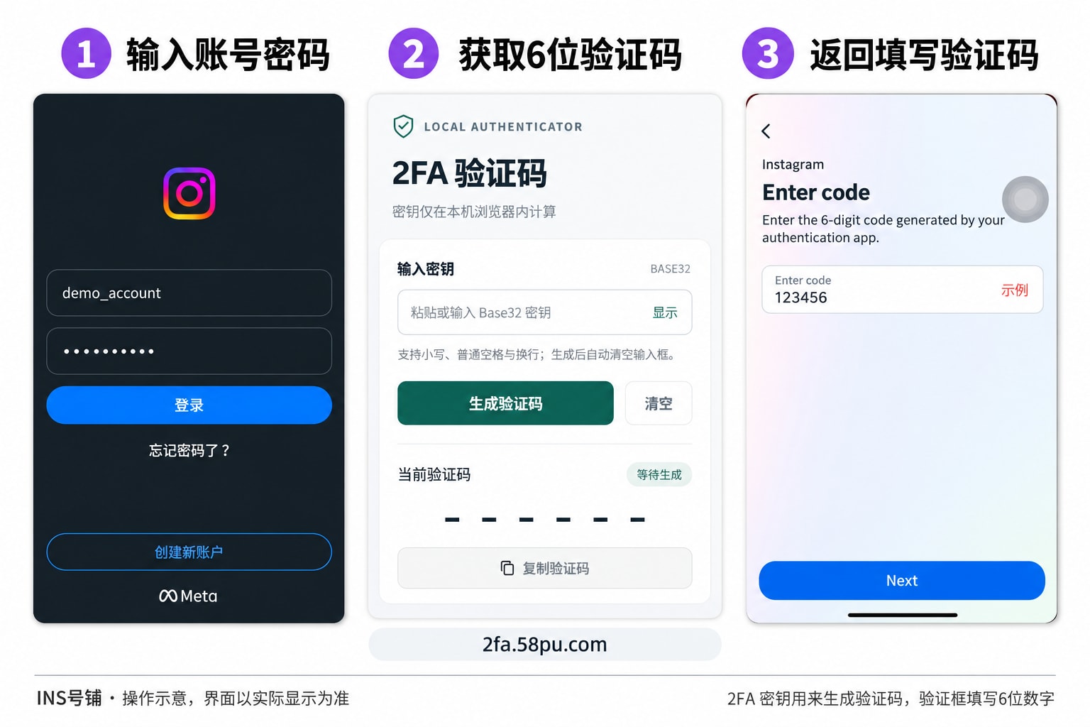 Instagram 登录三步示意：输入账号密码、获取6位验证码、返回填写验证码